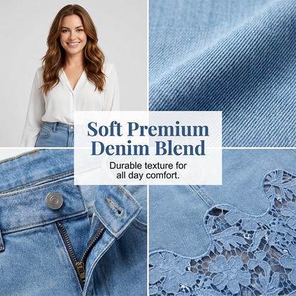 👗✨ Saia jeans feminina com renda floral elegante e cintura alta modeladora