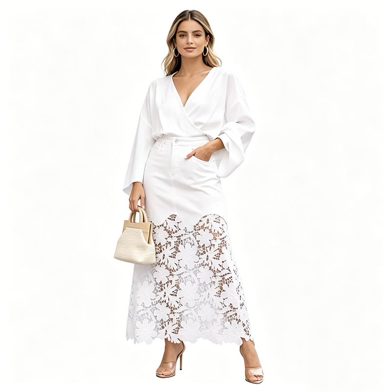 👗✨ Saia jeans feminina com renda floral elegante e cintura alta modeladora