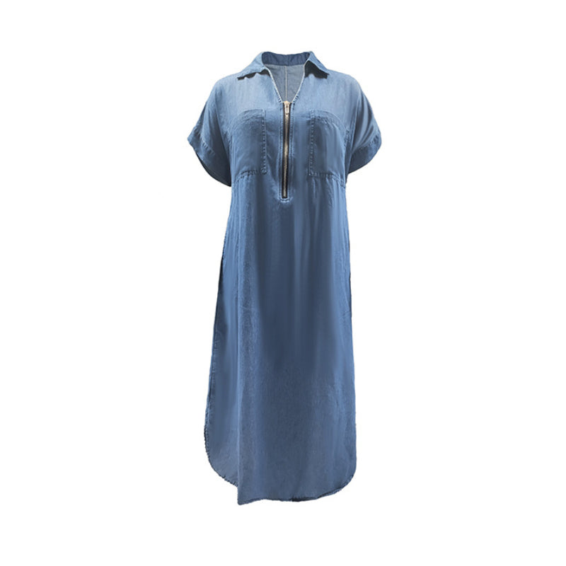 ✨👗 Vestido jeans midi elegante com zíper e bolsos + colar de brinde grátis