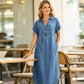 ✨👗 Vestido jeans midi elegante com zíper e bolsos + colar de brinde grátis