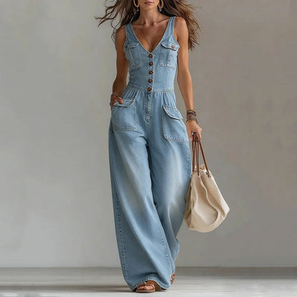 👗✨ Macacão feminino jeans com botões e pernas largas – elegante e confortável