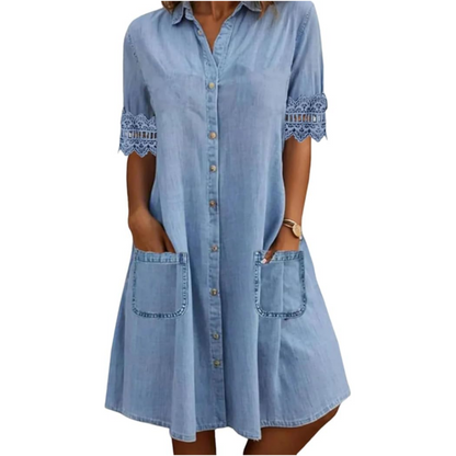 👗✨ Vestido jeans feminino casual com bolsos e caimento solto confortável para o dia a dia