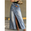 ✨👗 Saia maxi jeans assimétrica com fenda – estilo moderno e elegante