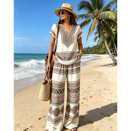 👗 50% DE DESCONTO POR TEMPO LIMITADO! ✨ Conjunto de blusa e calça estampadas para mulheres – Estampas boho, corte folgado, pronto para as férias 🌴