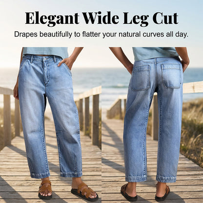 👖✨ Calça jeans feminina de perna larga cropped elegante e confortável para o dia a dia