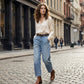 👖✨ Calça jeans feminina de perna larga cropped elegante e confortável para o dia a dia