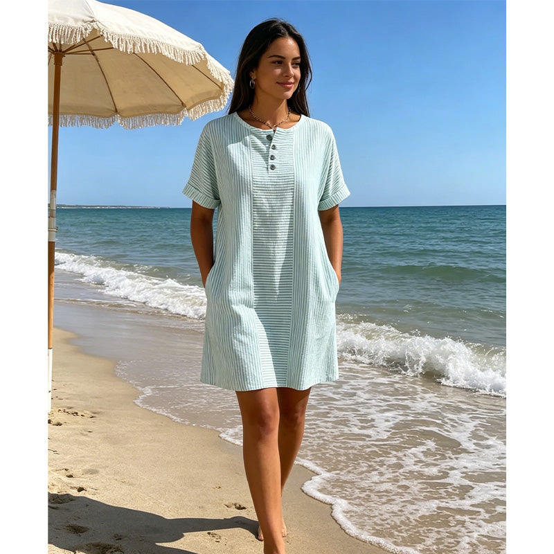 ✨👗 Vestido listrado feminino leve e elegante com bolsos para conforto diário