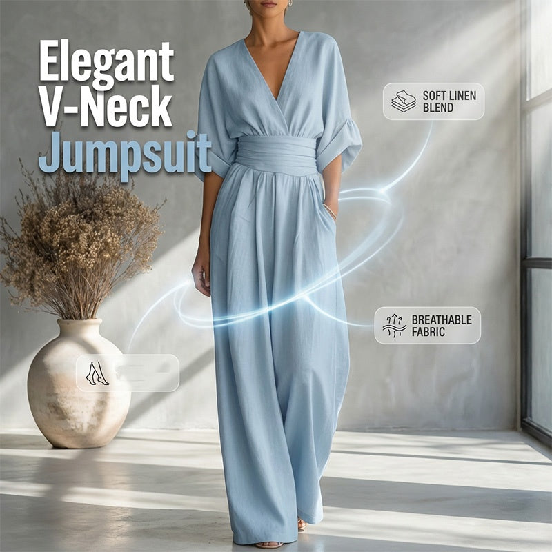 👗✨ Macacão feminino elegante com decote em V e cintura marcada que valoriza a silhueta