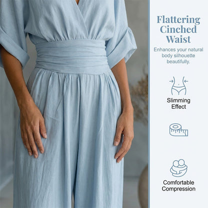 👗✨ Macacão feminino elegante com decote em V e cintura marcada que valoriza a silhueta
