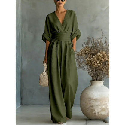 👗✨ Macacão feminino elegante com decote em V e cintura marcada que valoriza a silhueta