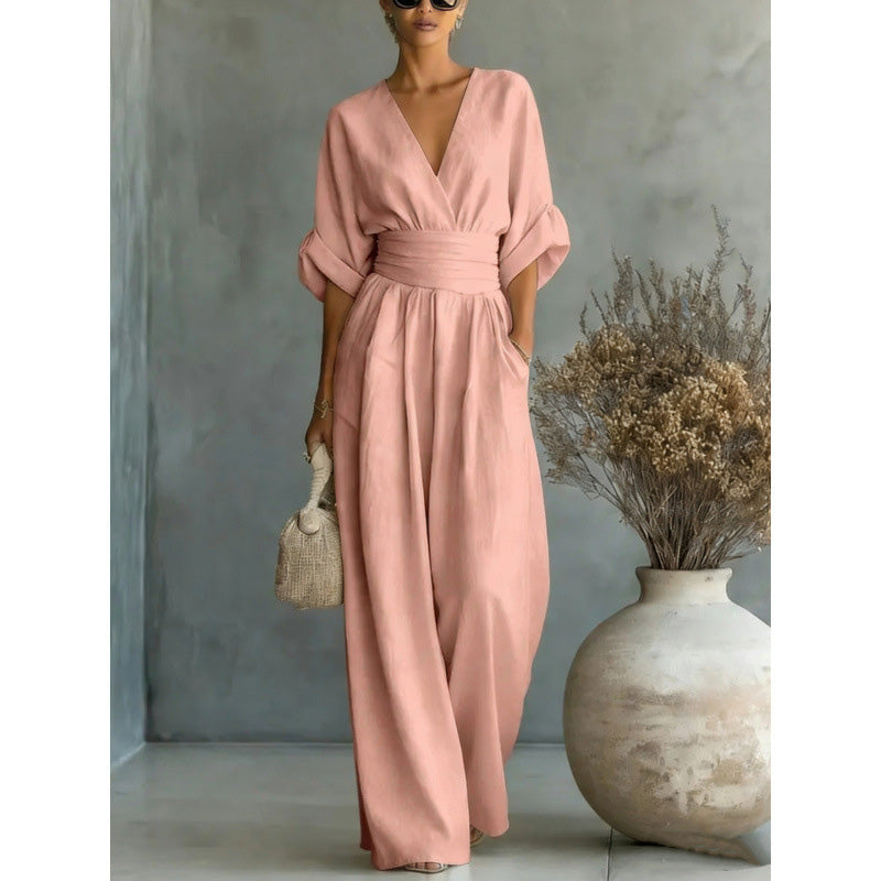 👗✨ Macacão feminino elegante com decote em V e cintura marcada que valoriza a silhueta