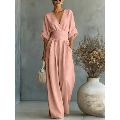 👗✨ Macacão feminino elegante com decote em V e cintura marcada que valoriza a silhueta