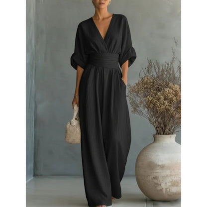 👗✨ Macacão feminino elegante com decote em V e cintura marcada que valoriza a silhueta