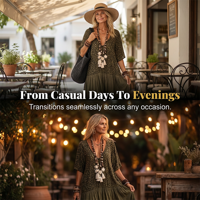 🌸✨ Vestido maxi boho feminino leve e elegante com estampa e camadas fluídas