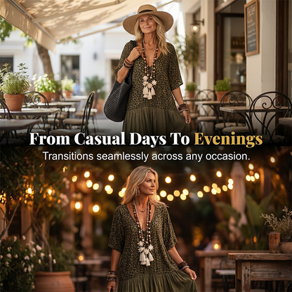 🌸✨ Vestido maxi boho feminino leve e elegante com estampa e camadas fluídas