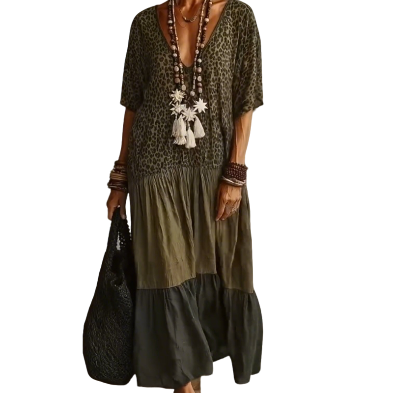 🌸✨ Vestido maxi boho feminino leve e elegante com estampa e camadas fluídas
