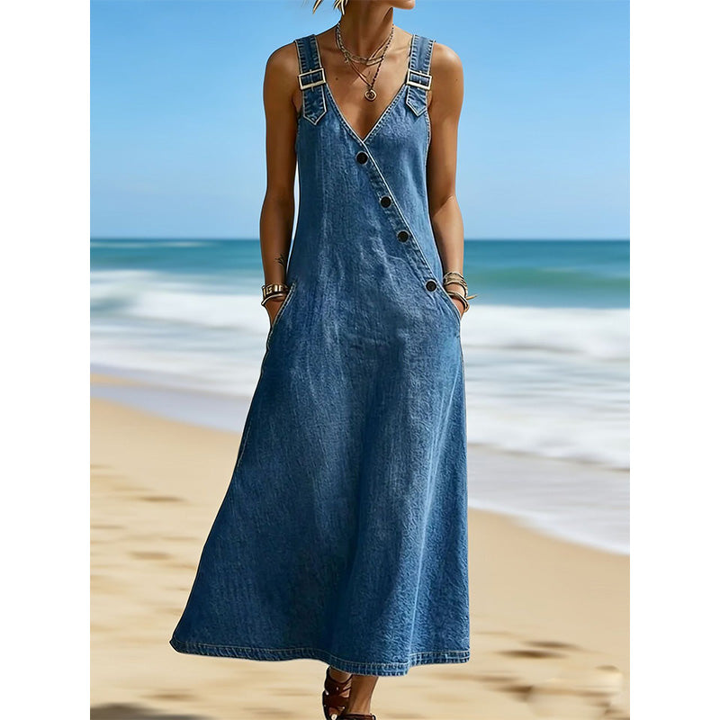 ✨👗 Vestido jeans maxi feminino elegante – conforto, estilo e caimento perfeito
