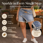 💎👖 Saia-calça jeans feminina com camadas e strass – estilo moderno e elegante