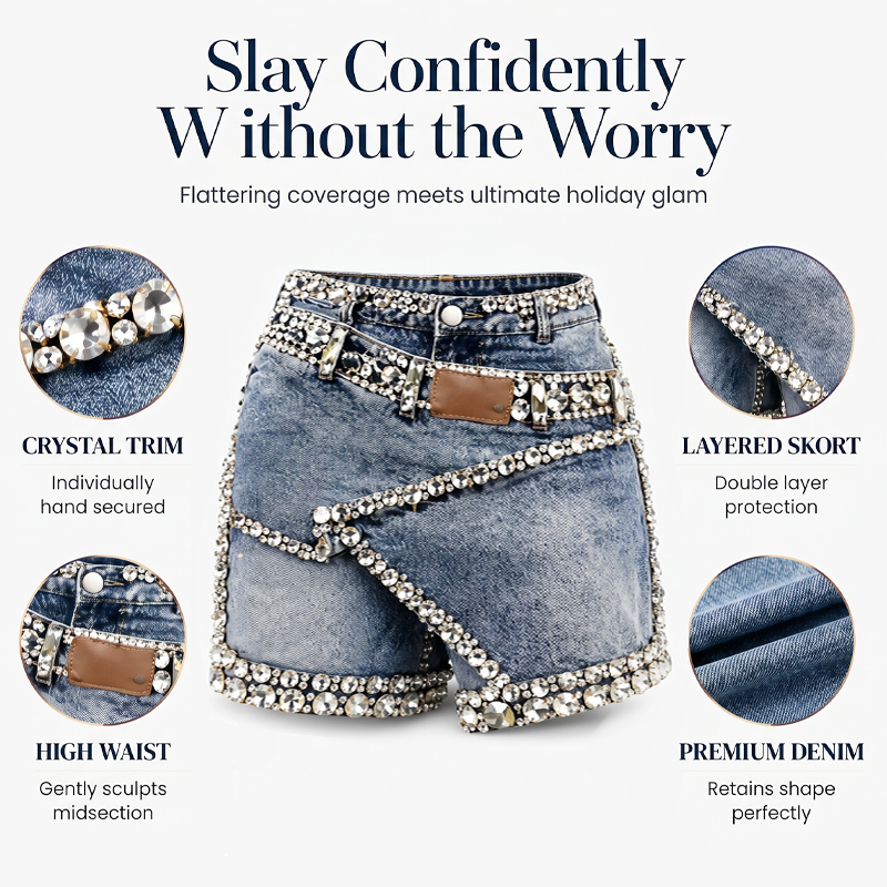 💎👖 Saia-calça jeans feminina com camadas e strass – estilo moderno e elegante