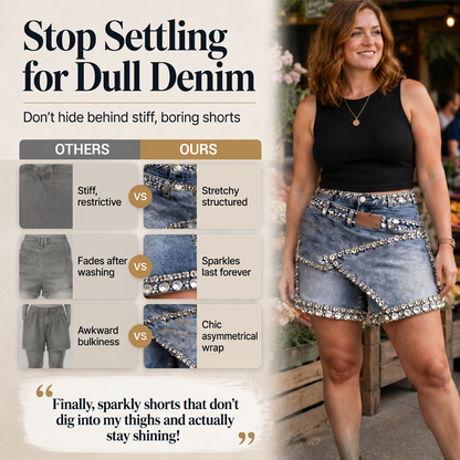 💎👖 Saia-calça jeans feminina com camadas e strass – estilo moderno e elegante