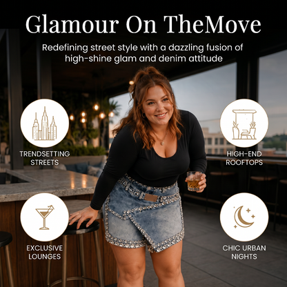 💎👖 Saia-calça jeans feminina com camadas e strass – estilo moderno e elegante
