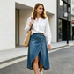 👖✨ Saia jeans feminina cintura alta – corte irregular moderno e estiloso