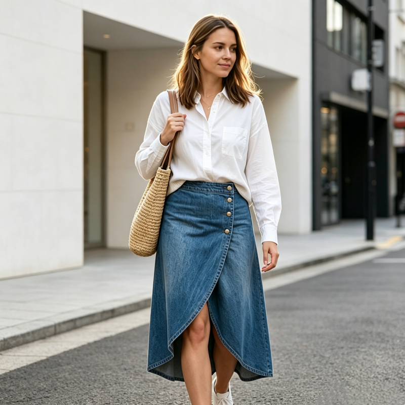 👖✨ Saia jeans feminina cintura alta – corte irregular moderno e estiloso