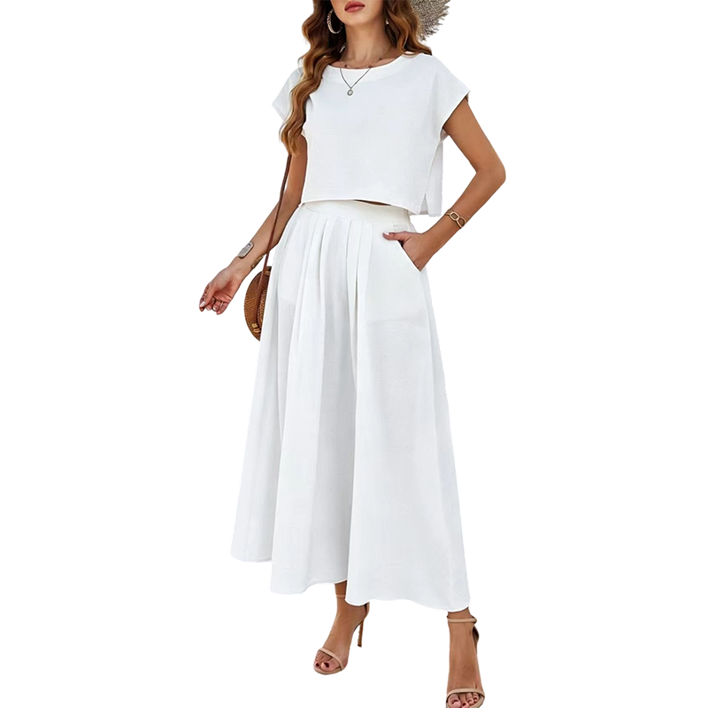 ⌛Oferta por tempo limitado — Conjunto de blusa e saia casual feminina em cor lisa