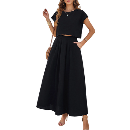 ⌛Oferta por tempo limitado — Conjunto de blusa e saia casual feminina em cor lisa