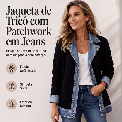 🧥✨ Jaqueta Feminina de Tricô com Patchwork de Jeans – Conforto, estilo moderno e caimento elegante
