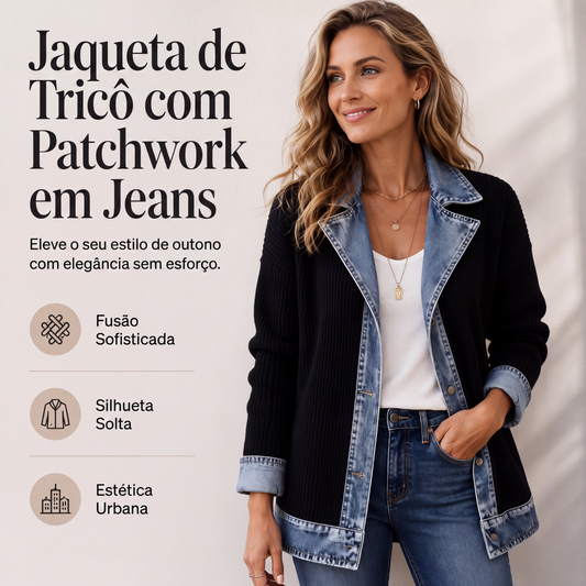 🧥✨ Jaqueta Feminina de Tricô com Patchwork de Jeans – Conforto, estilo moderno e caimento elegante