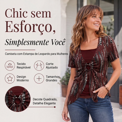 🐆✨ Camiseta Feminina com Estampa de Leopardo e Detalhe O-Ring – Estilo Moderno com Visual de Duas Peças