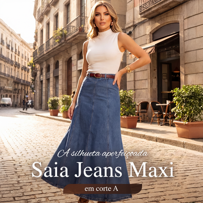 👗✨ Saia Longa Jeans Feminina – Cintura alta e corte A que valoriza a silhueta com estilo elegante