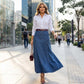 👗✨ Saia Longa Jeans Feminina – Cintura alta e corte A que valoriza a silhueta com estilo elegante