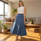 👗✨ Saia Longa Jeans Feminina – Cintura alta e corte A que valoriza a silhueta com estilo elegante