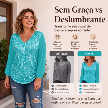 ✨ NASCIDA PARA BRILHAR | Blusa Feminina com Paetês e Decote em V -50%