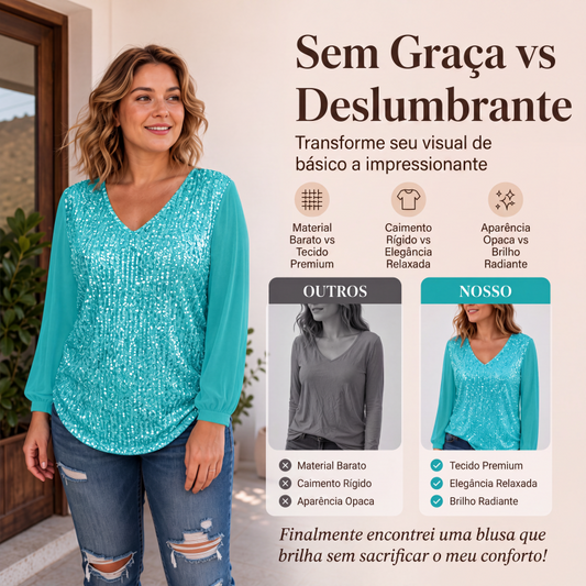 ✨ NASCIDA PARA BRILHAR | Blusa Feminina com Paetês e Decote em V -50%