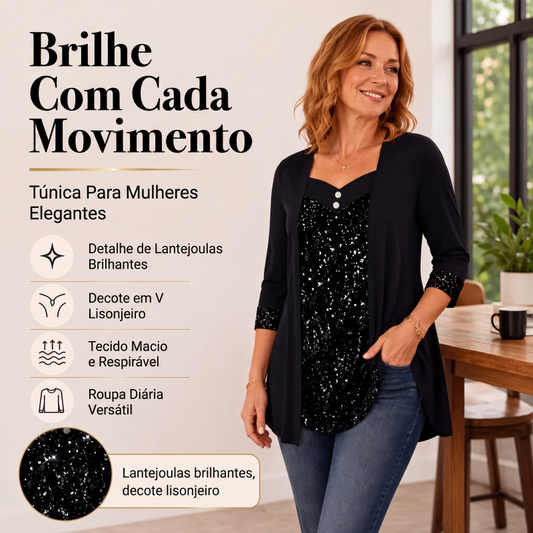 🔥👚 50% OFF! Blusa Feminina com Patchwork de Lantejoulas – Modelo Falsa Duas Peças, Elegante e Moderna