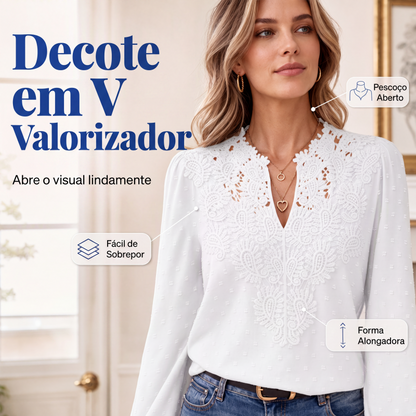 Blusa Feminina de Renda com Decote V