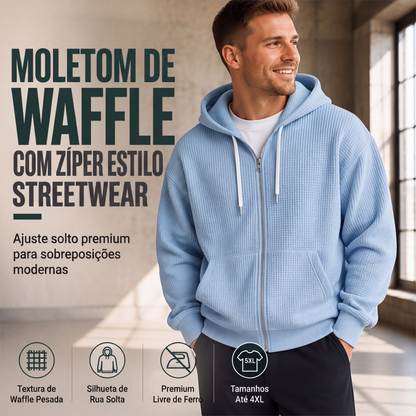 🔥 TEXTURA & CONFORTO | Moletom Masculino Waffle com Capuz e Zíper -50%