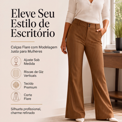 Calça Flare Feminina Listrada de Cintura Alta