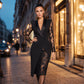 Vestido Feminino Elegante com Decote V e Mangas de Renda