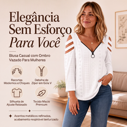 🔥 SAI DO BÁSICO | Blusa Feminina com Recorte nos Ombros e Zíper -50%