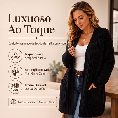 🧶 CONFORTO QUE COMBINA COM TUDO | Cardigã Feminino de Tricô Canelado -50%