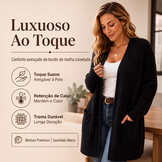 🧶 CONFORTO QUE COMBINA COM TUDO | Cardigã Feminino de Tricô Canelado -50%