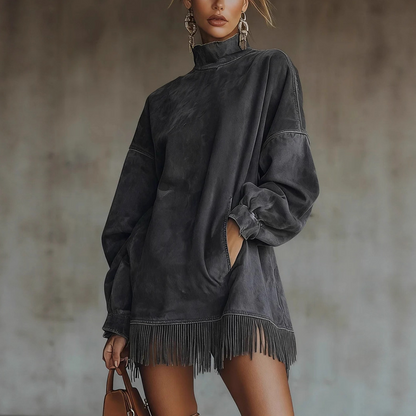 🔥 50% OFF HOJE! 👗  Vestido Feminino de Camurça Sintética com Franjas – Elegância Vintage, Conforto Aconchegante e Estilo Boho Sofisticado ✨