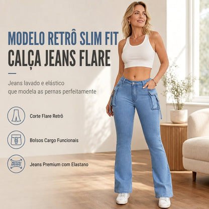 🔥 50% OFF | 👖 Calça Cargo Flare Feminina – Cintura Alta, Stretch & Silhueta Modelada